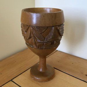 Hand Carved Wooden Cup Stem Base Tiki Palm Tree Village 6" Tall